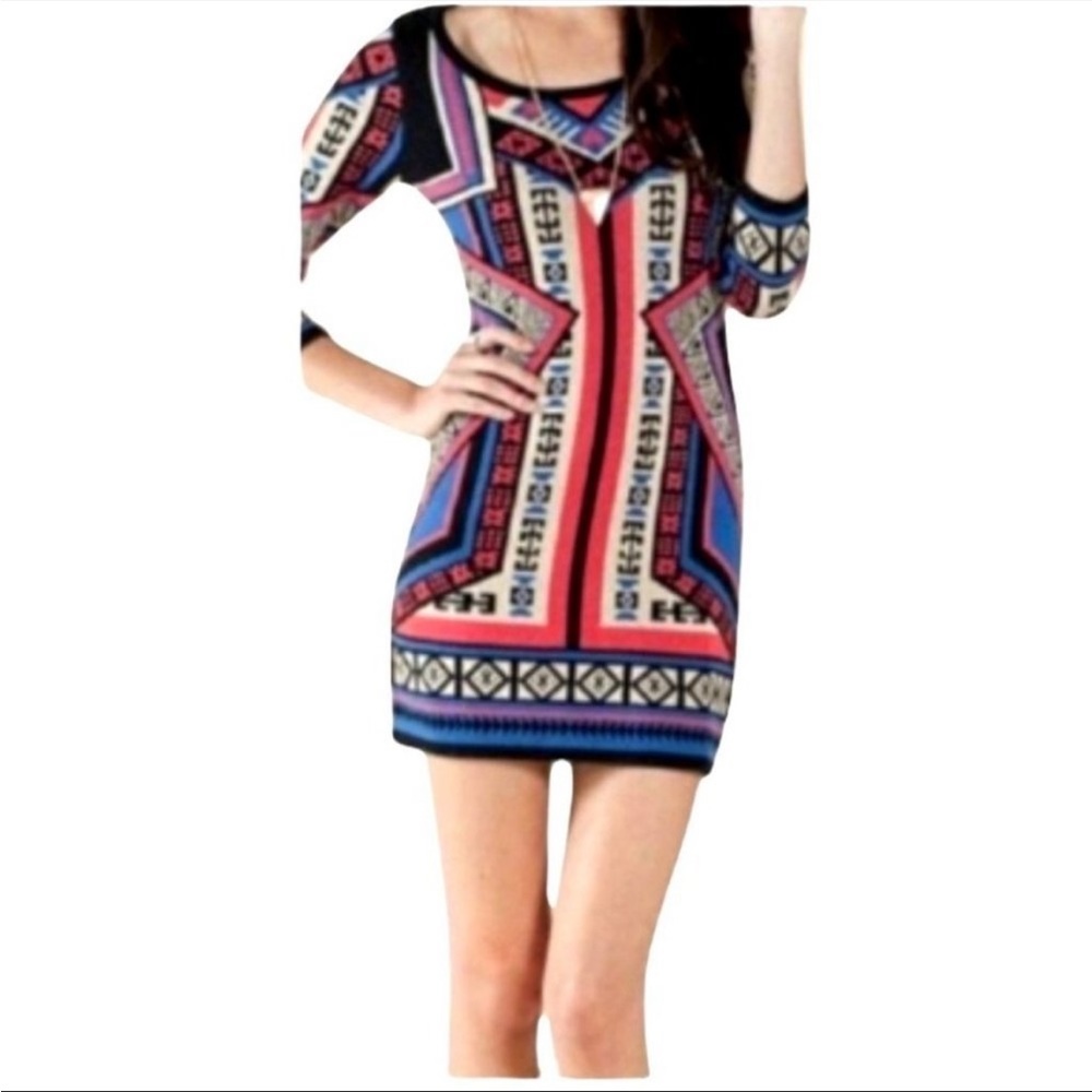 ⭐️ Flying Tomato Red & Blue Aztec Print Long Sleeve Mini Sweater Dress Size M